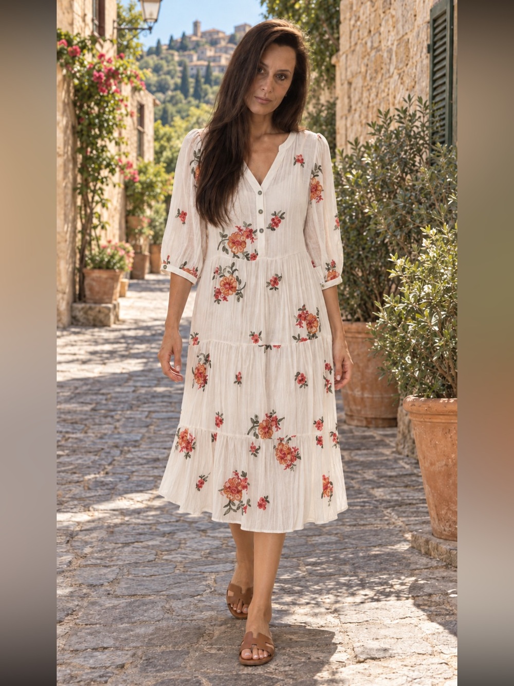 NWT Gauzy Cream Orange Sage Midi Vacation Dress with Embroidered Floral Motif L